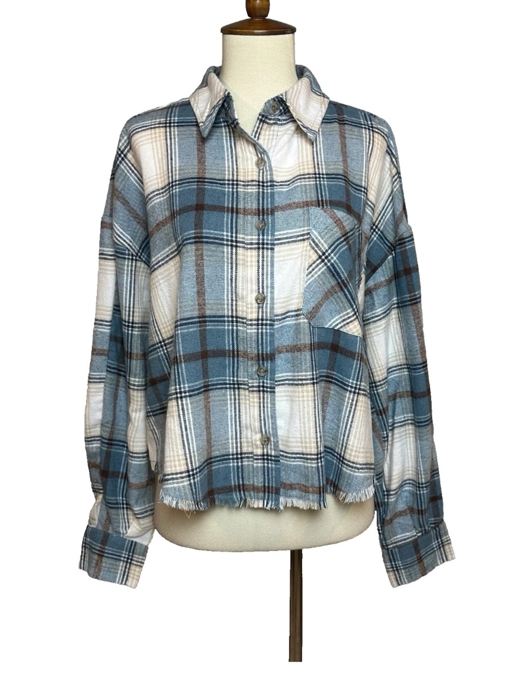 BKE Cropped Boxy Flannel Shirt Blue Plaid Frayed Hem Soft NWT